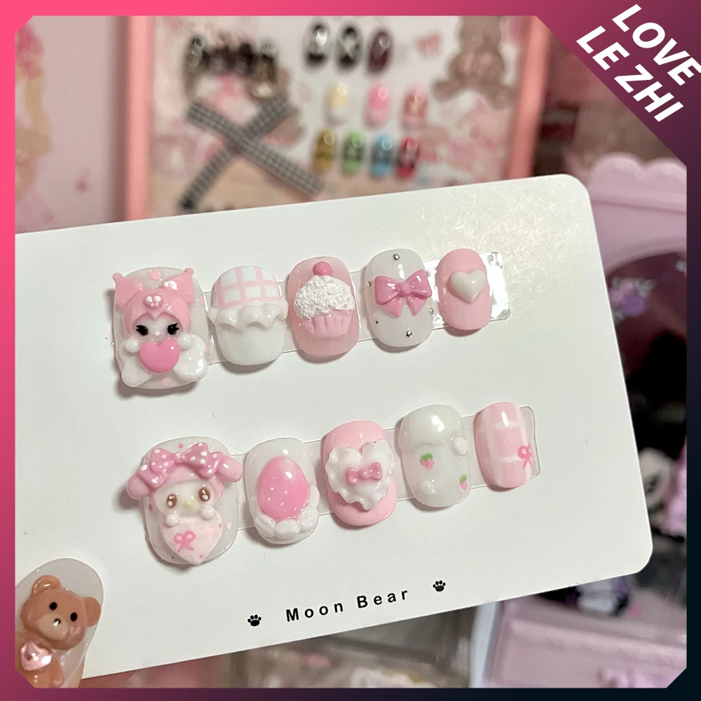 

10Pcs Kawaii 3D Sanrio Strawberry Cake Press On Nail Melody Kuromi Handmade Short Oval Detachable Repeat Use Nails Art Girl Gift
