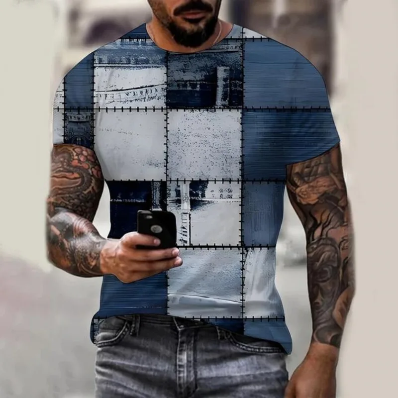 Men Geometric Tee Retro Plaid Stitched Building Scene 3D Effect Front Print Short Sleeve Pullover Tops
