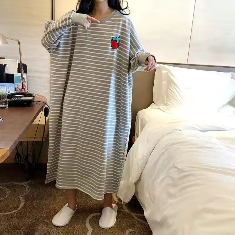 

Loose Long Sve Striped Spwear Women's Home Clothes Spring Summer New Arrival 2024 Comfortable Polyester Fiber round Ne