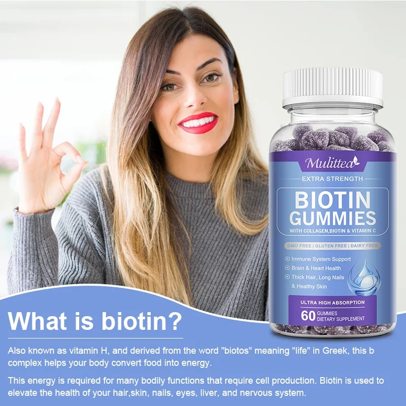 Mulittea Biotin Gummies Supplement Protein Support Anti Aging Formula Strong Nails Shiny Hair Glowing Smooth Skin Vegan