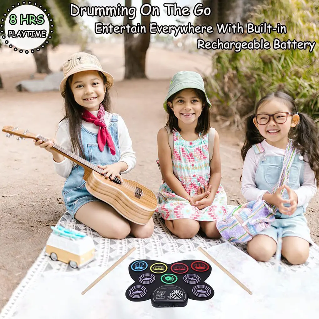 

Colorful Childrens Christmas Gift Colored Electronic Drum Set With Horn And Earphone Socket Allows