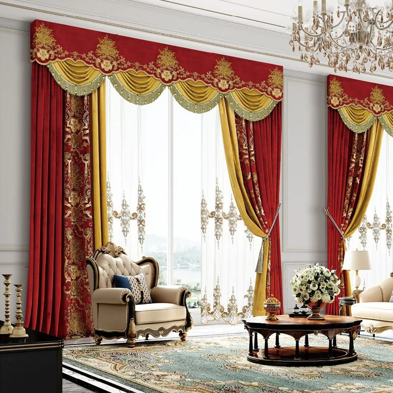 Custom luxury villa velvet red cloth blackout curtain valance tulle drape C905