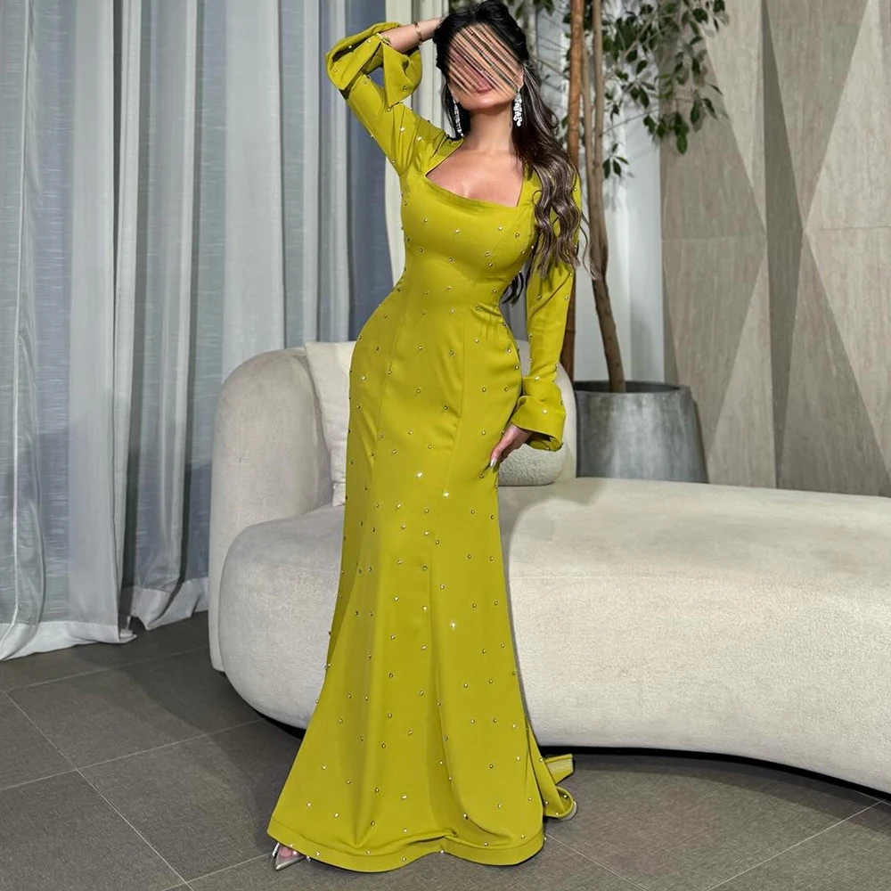 

High Quality Jersey Straight Crystal Evening Dress Delicate Long Sleeves Square Neck Floor Length платье вечернее