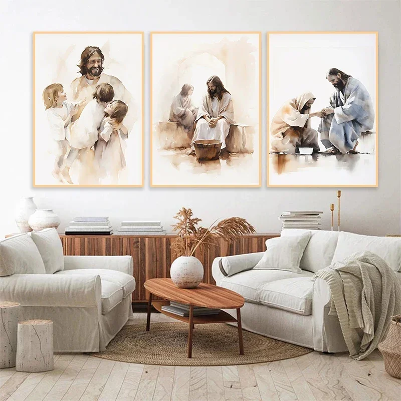 Bible Scenes Poster Jesus on The Path Teaching Child Walking on Water Canvas Paintings Wall Art HD Picture Home Decor Frameless