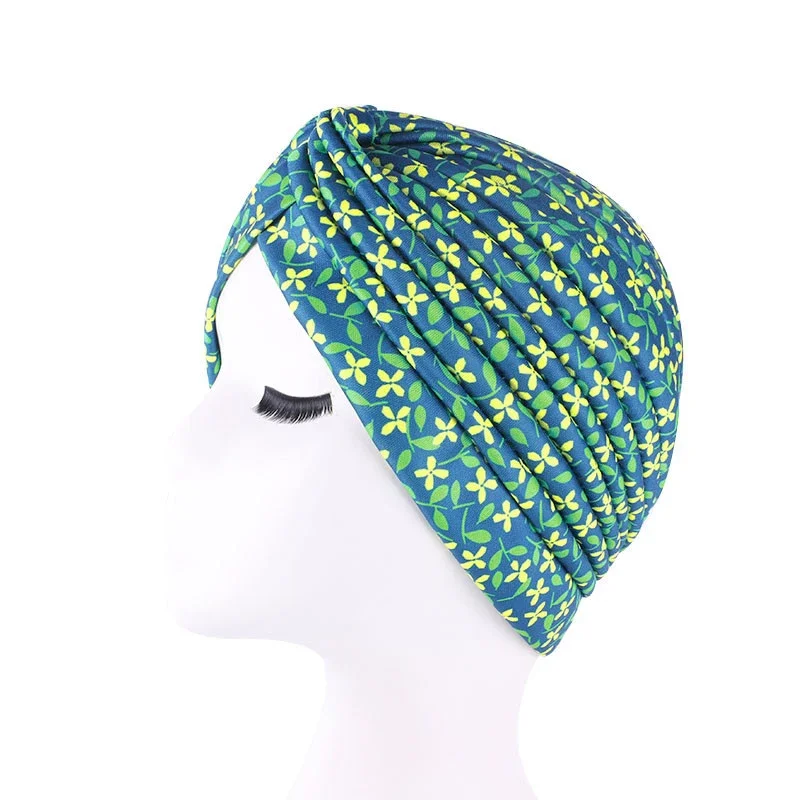 Indian Turban Print Beanies Pleated Women Muslim Pleated Inner Hijab Hat Chemo Cap Hair Loss Headscarf Headwear Turbante Mujer