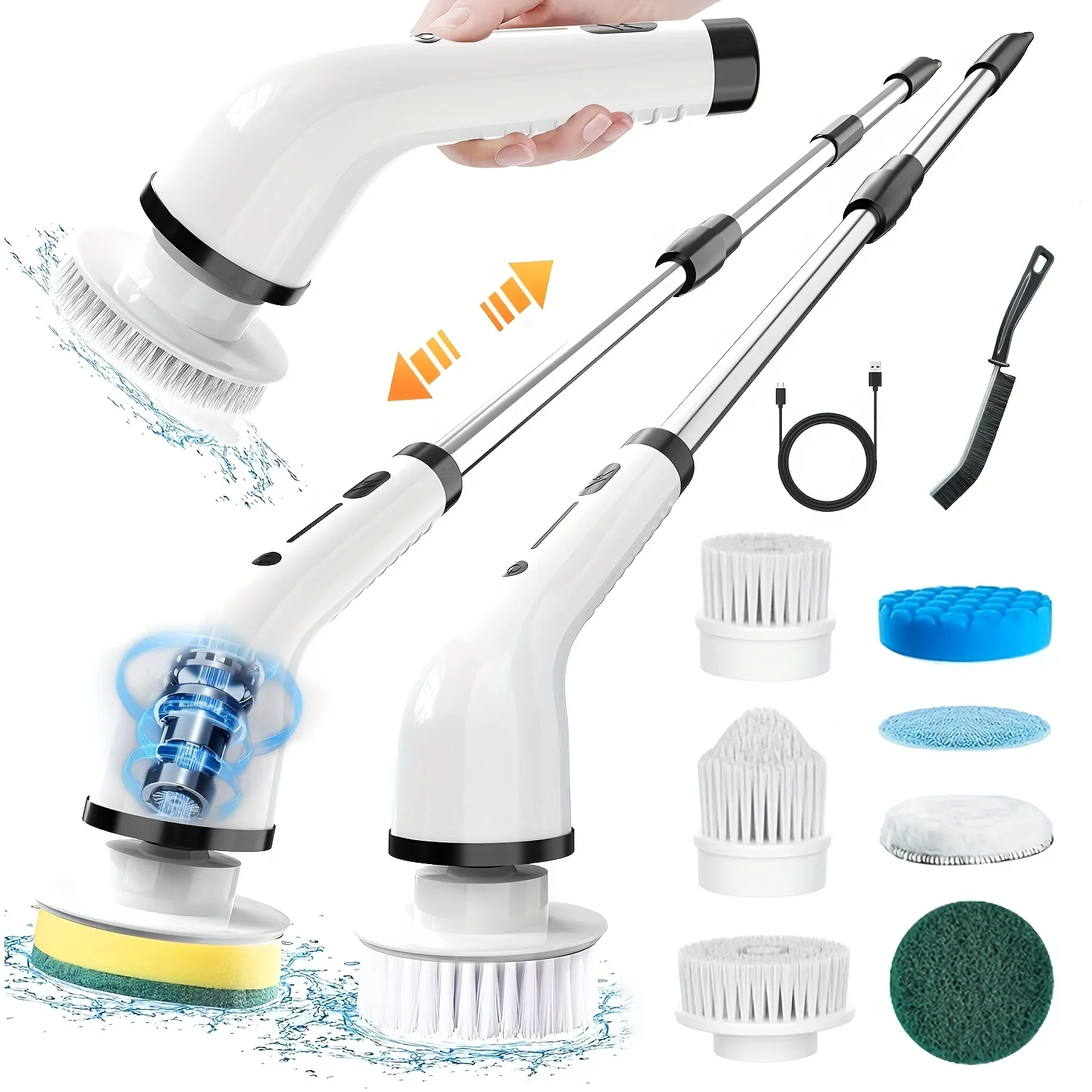 

Электрическая перезаряжаемая вращающаяся щетка для уборки с 2-часовым временем работы от батареи, двумя скоростными режимами и регулируемой удлиненной ручкой.