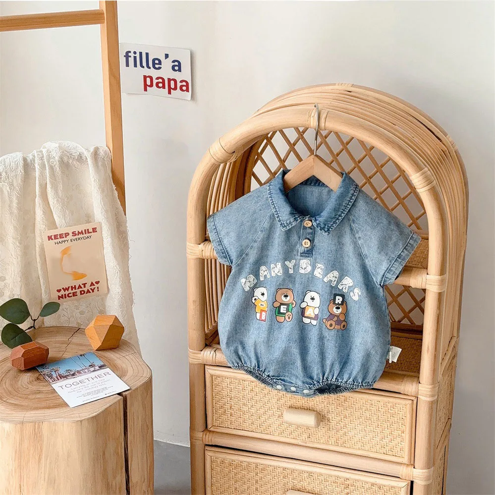 

MILANCEL 2024 Summmer Baby Boys Clothes Soft Denim One Piece Turn Down Collar Girls Bodysuit