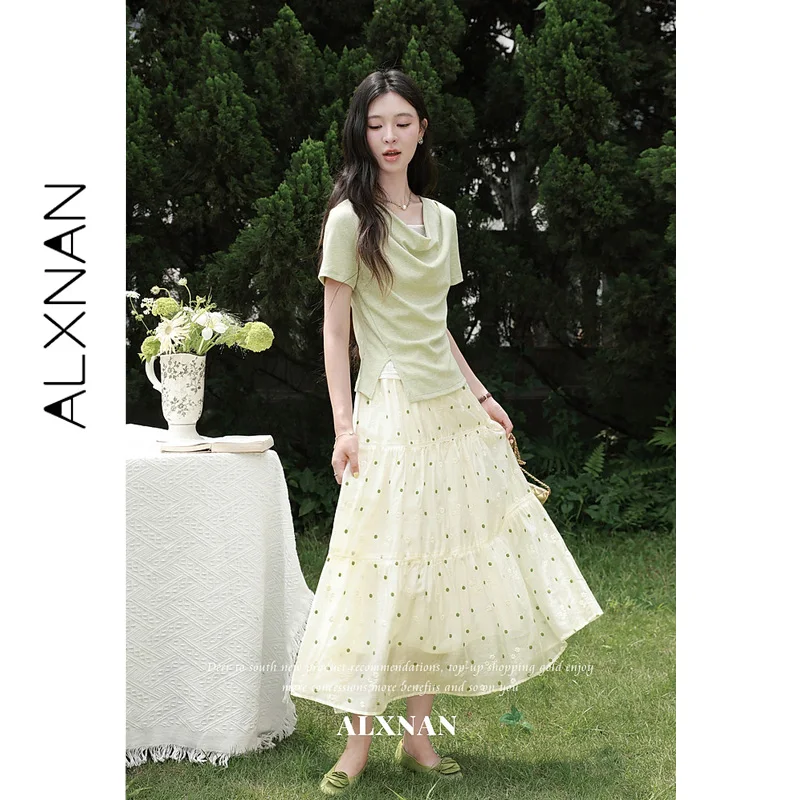 ALXNAN Green Polka Dots Women's Apricot Skirts Elastic High Waist Hollow Lace Spliced Skirt Hem Female Clothing Summer L66821