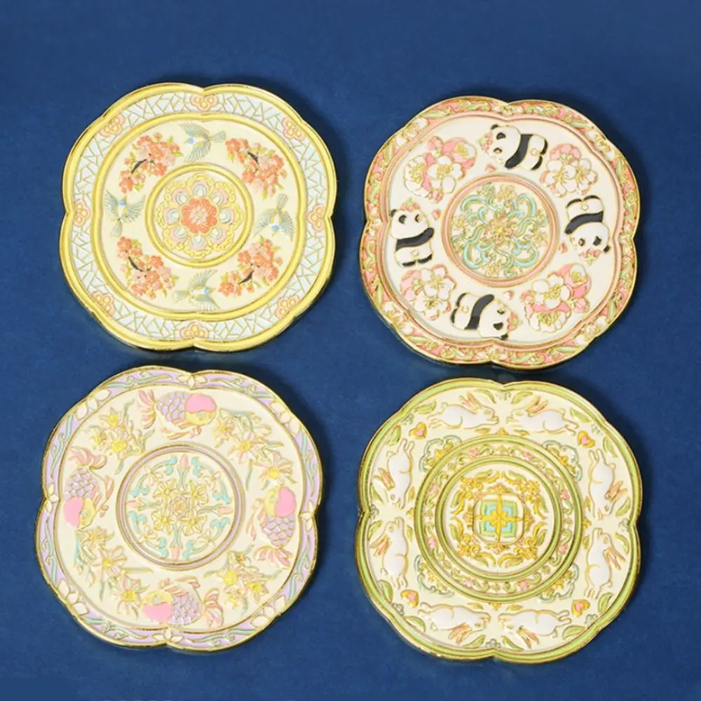 Vintage Handheld Chinese-style Pocket Mirror Portable Emboss Cosmetic Mirror Flower Pattern Panda Makeup Mirror Makeup
