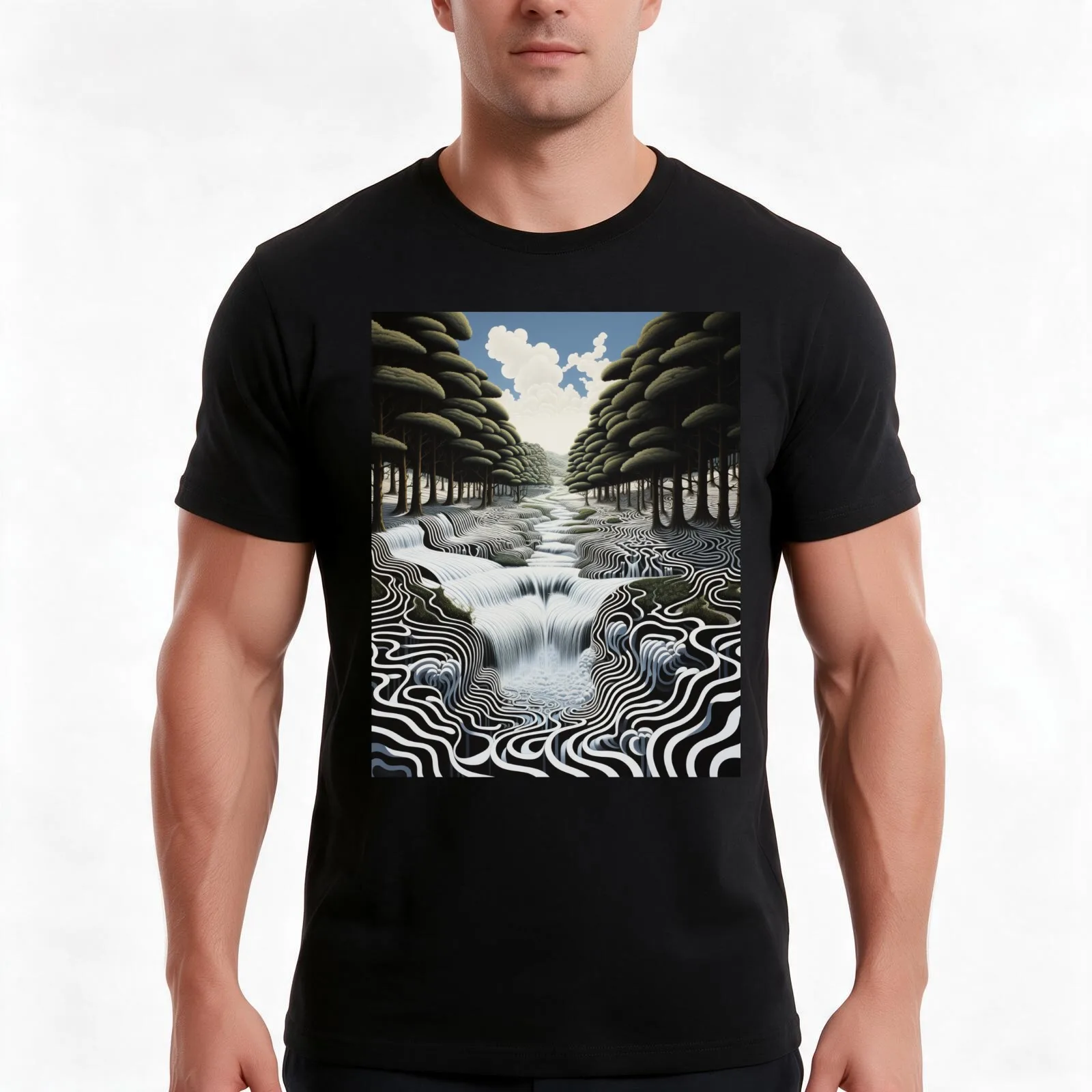 Geometric River Vista: Black and White Landscape with Green Trees and Blue Sky in Op Art Style T-Shirt Summer Casual Cotton Tee