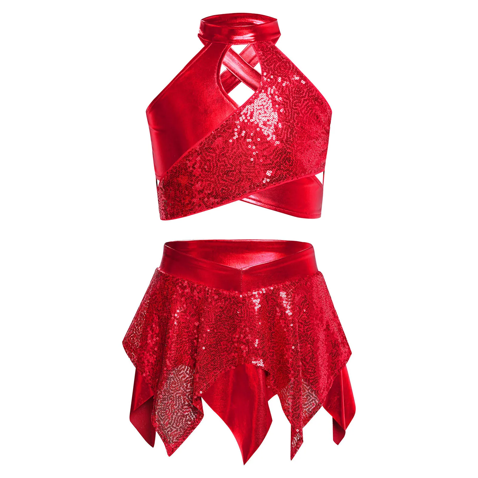 

Kids Girls Latin Jazz Dance Sets Halter Neck Lyrical Performance Costume Sequins Metallic Crop Top with Asymmetric Tutu Skirt