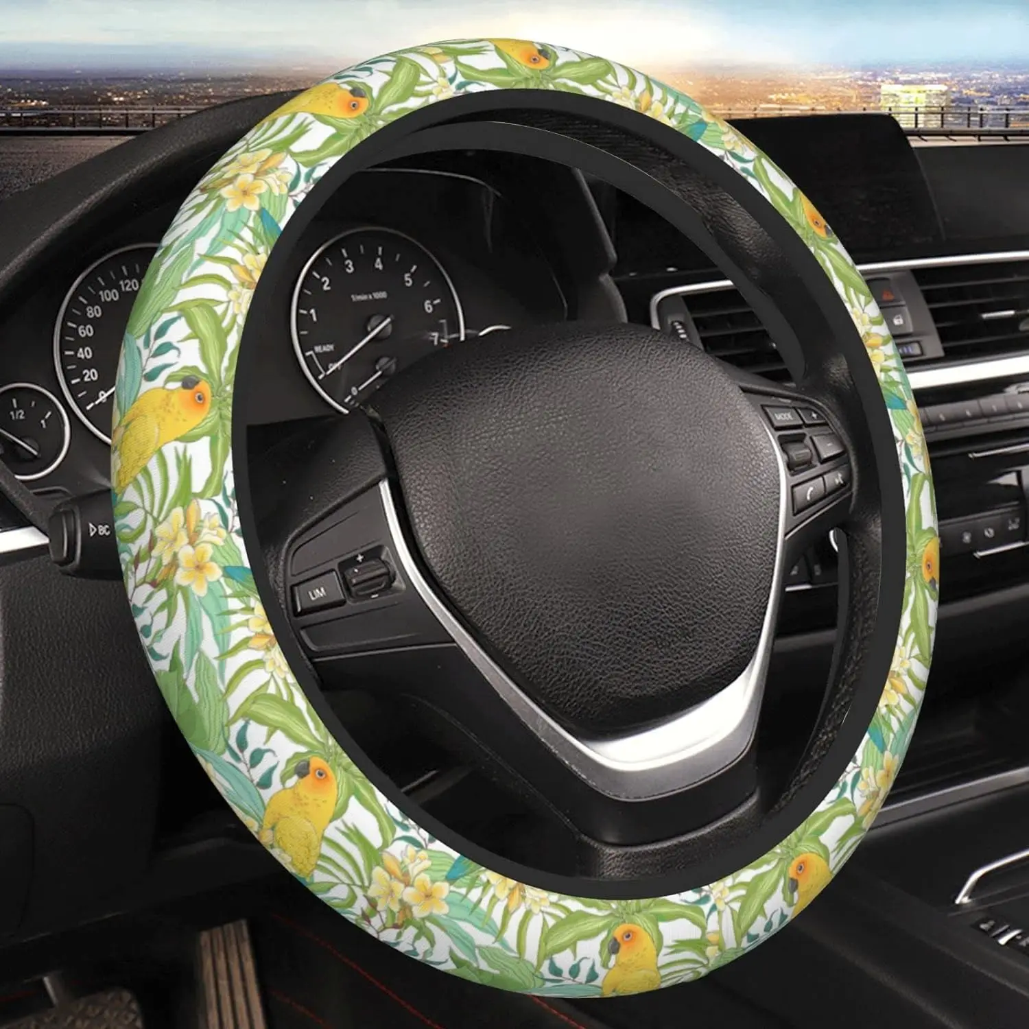 

Cute Parrot Steering Wheel Cover with Flowers Plumeria Sun Conure Leaves Vintage Style Neoprene Automobile Steering Wheel Cover