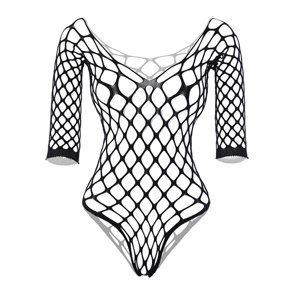 Summer Sexy Bodysuits Cover Up without Bikini Fishnet Bodycon Dress Long Sleeves Beachwear Hollow Out Swimwear Holiday Bodysuit