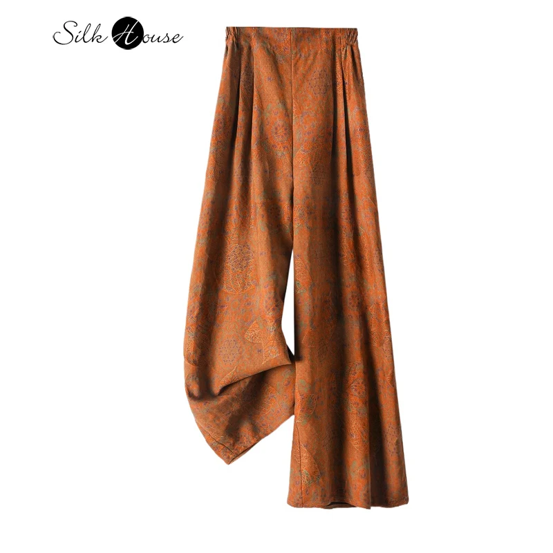 

Limited Edition 50MM 100% Natural Mulberry Silk Fragrant Cloud Yarn Retro Printed Elastic Waist Pocket Design Wide Leg Pants