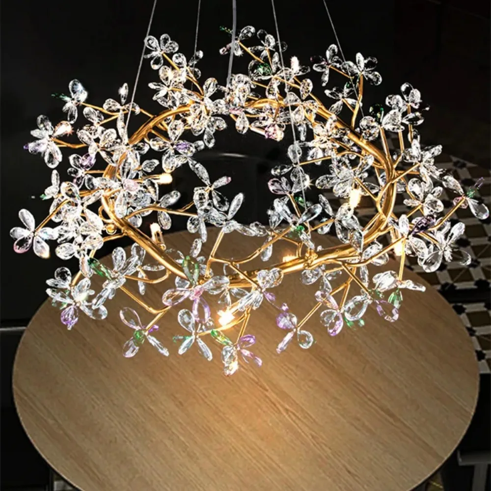 Luces colgantes de cristal francesas para comedor, lámparas colgantes doradas G9 para techo, luz de Villa, lámpara de lujo, luces de flores de cristal, decoración