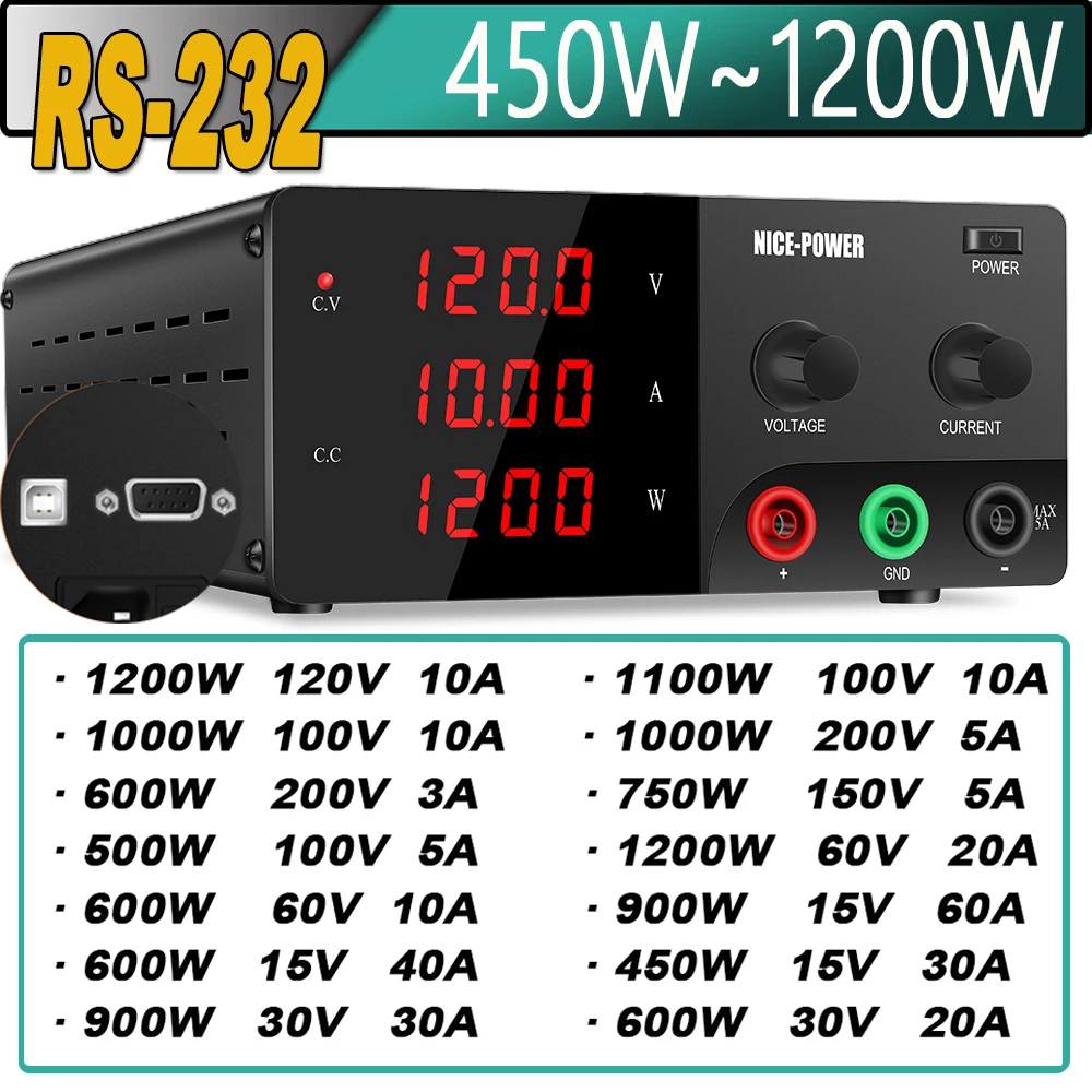 

1200W Lab DC Power Supply RS-232 Port Voltage Stabilizer High-Power Adjustable Source 120V 10A Switch Regulator for Factory Test