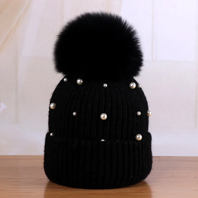 Wool Beanies Women Real Natural Fox Fur Pom Poms Fashion Pearl Knitted Hat Girls Female Beanie Cap Pompom Winter Hats for Women