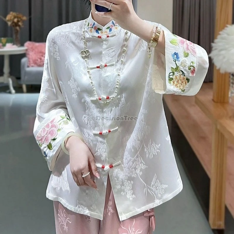 

2024 relief jacquard lady versatile blouse chinese ethnic style vintage literature art tang suit top loose comfortable thin top