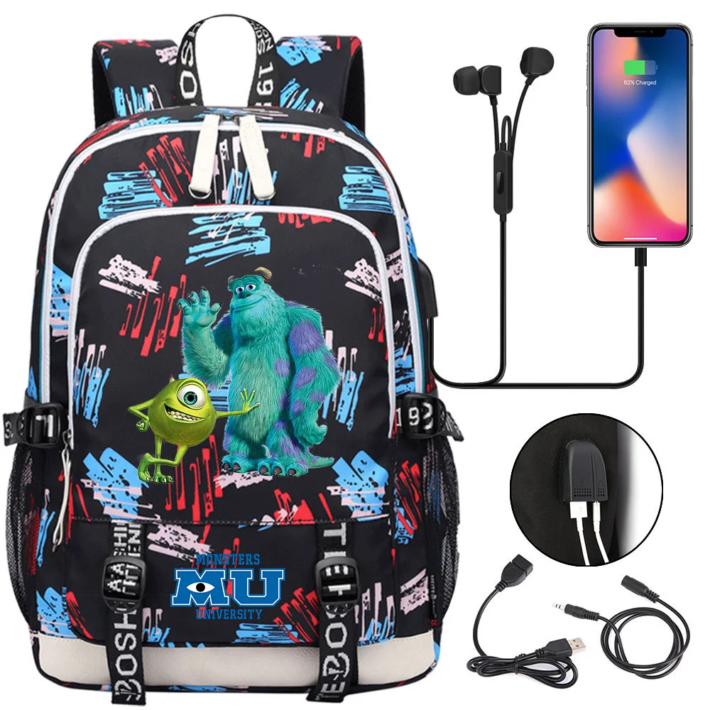 Sacs à dos pour ordinateur portable Monsters University, sac à dos de chargement USB pour étudiants, sac à dos à imprimé coloré, sac de voyage Mochila