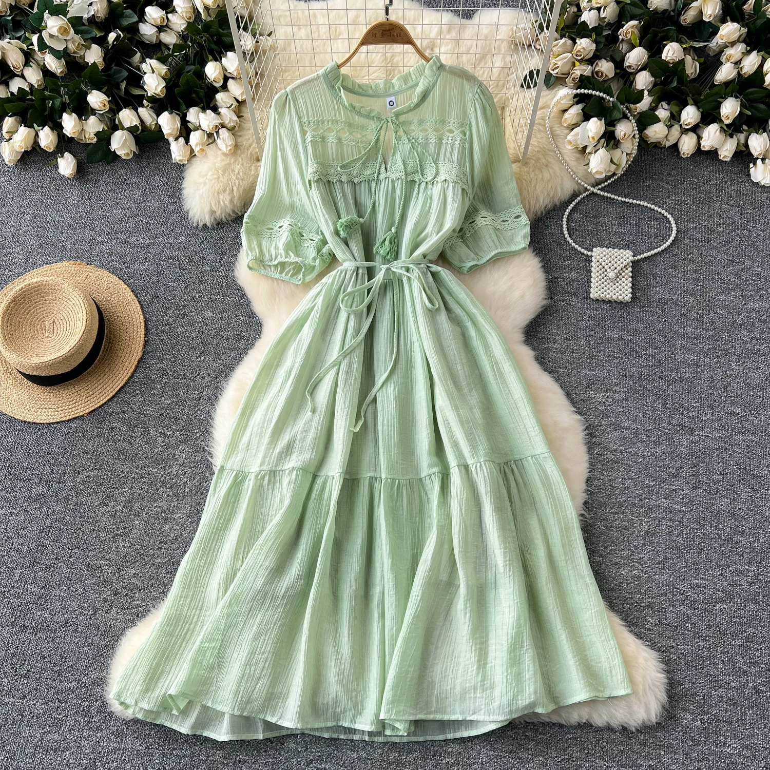 lace-up o neck lace PATCHWORK vintage Dress French Party Elegant Vestidos Summer Sexy Slim Women dresses