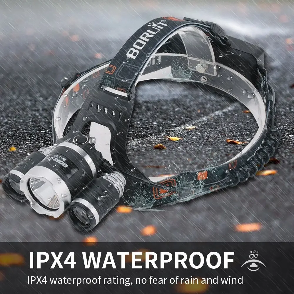 BORUiT RJ-3000 LED Headlamp 3000LM Powerful Type-C Rechargeable Headlight Waterproof Fishing Camping Head Torch Lantern