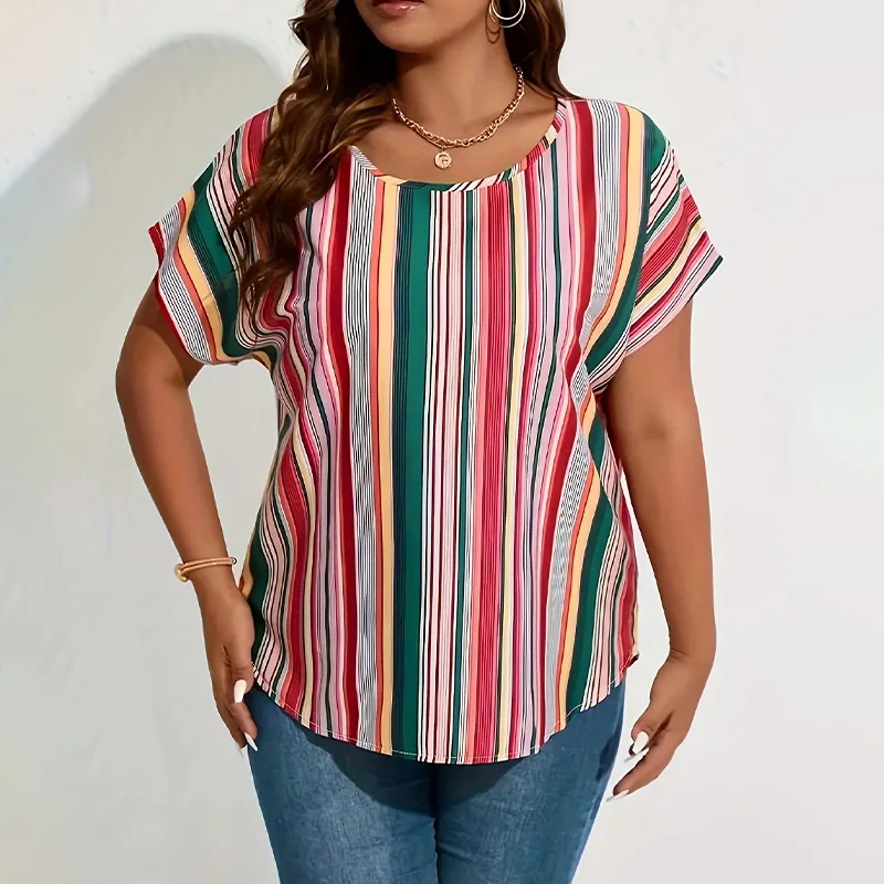 Plus size women's shirt, multi-color striped printed shirt with bat sleeves and round neck casual top, suitable for daily wear image 4