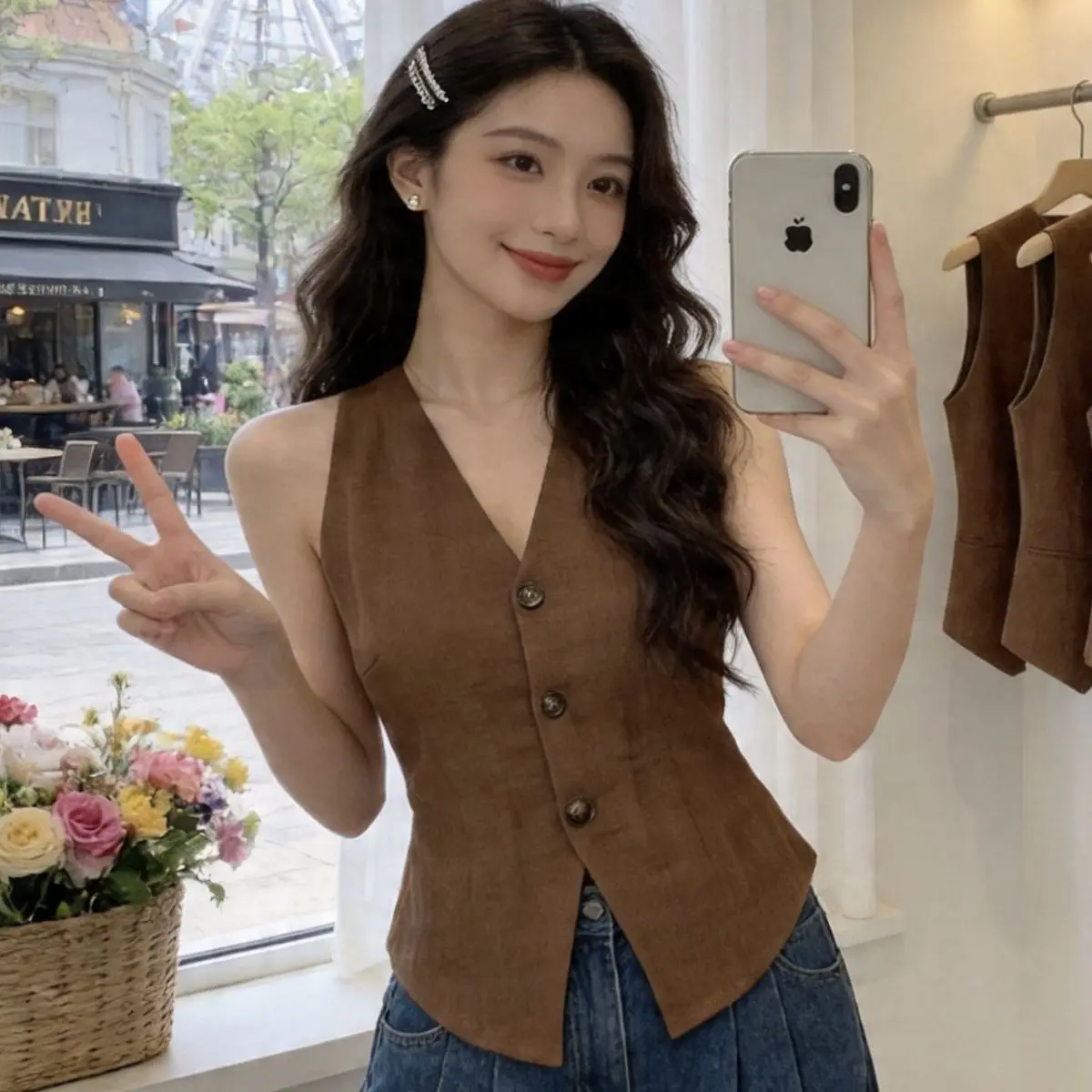 

Retro Fashionable Vest Top Women's Summer Outdoor Wear Slim Fit Stylish Design Sleeveless Shirt Button Style Short Sleeve