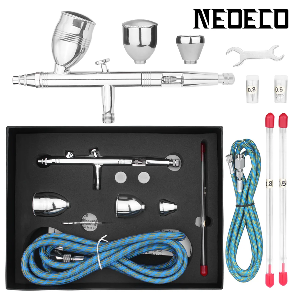 NEOECO NCT-183K Аэрограф 2cc/5cc/13cc Съемные чашки для жидкости со шлангом, 0,3, 0,5, 0,8 мм Набор сопел сжатия