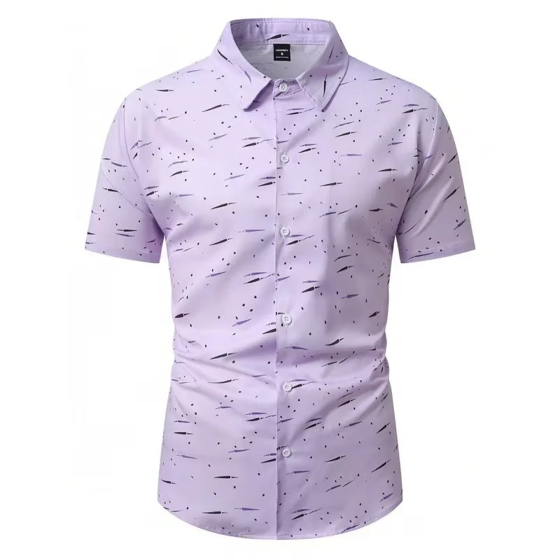 Men's Shirt Summer Men's Short Sleeve Lining Korean Slim Fit Printed Four-Sided Elastic Short Sleeve Shirt