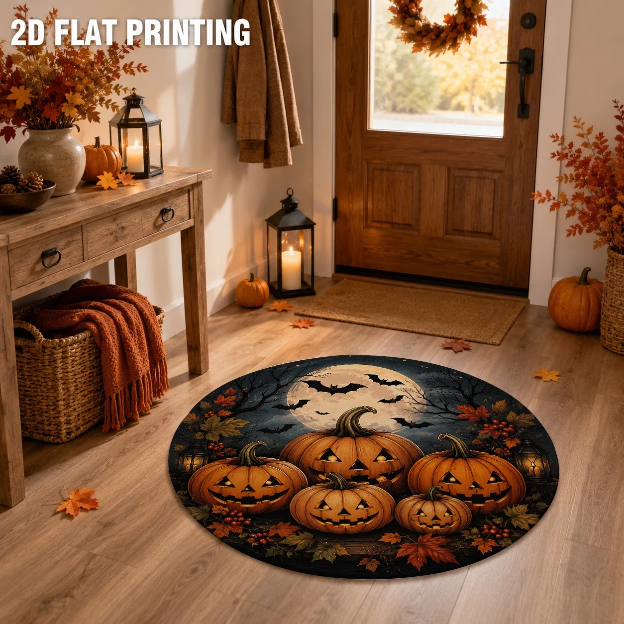 Autumn Halloween Round Rug Scary Pumpkin Lantern Bat Midnight  Print Soft Circular Mat Indoor Outdoor Themed Home Decor Carpet