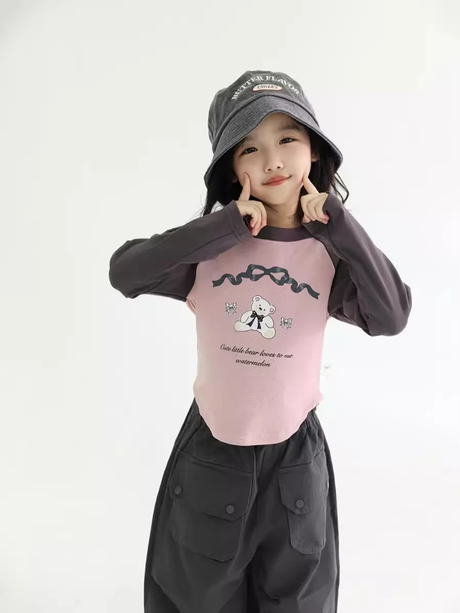 2024 Autumn New Girls Elastic Slim Fit T Shirts Cartoon Print Kids Cotton Patchwork Tops Children Long Sleeve Bottoming Shirt