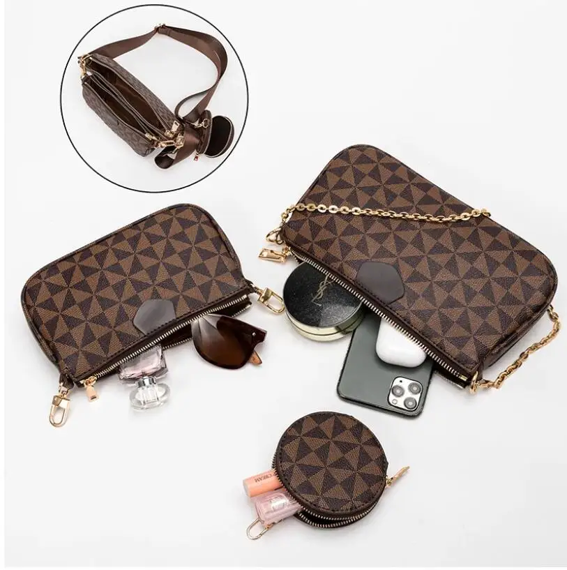 Brand Designer Women Crossbody Handbag Leather Tote Fahsion New 3-IN-1 Messenger  Bag Handbag Clutch Zipper Chains Shoulder Bag