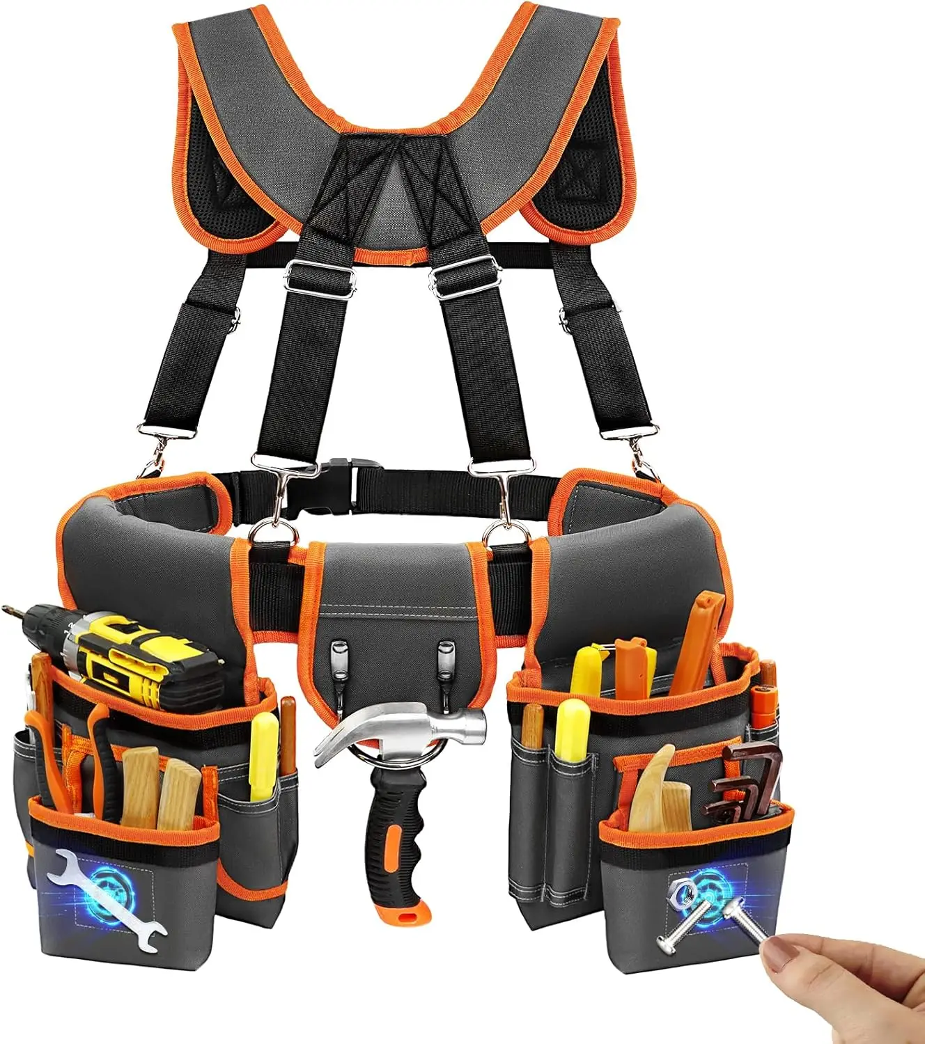 

Профессиональный магнитный пояс для инструментов с подтяжками, регулируемый, с карманами для электриков и плотников, серо-оранжевый