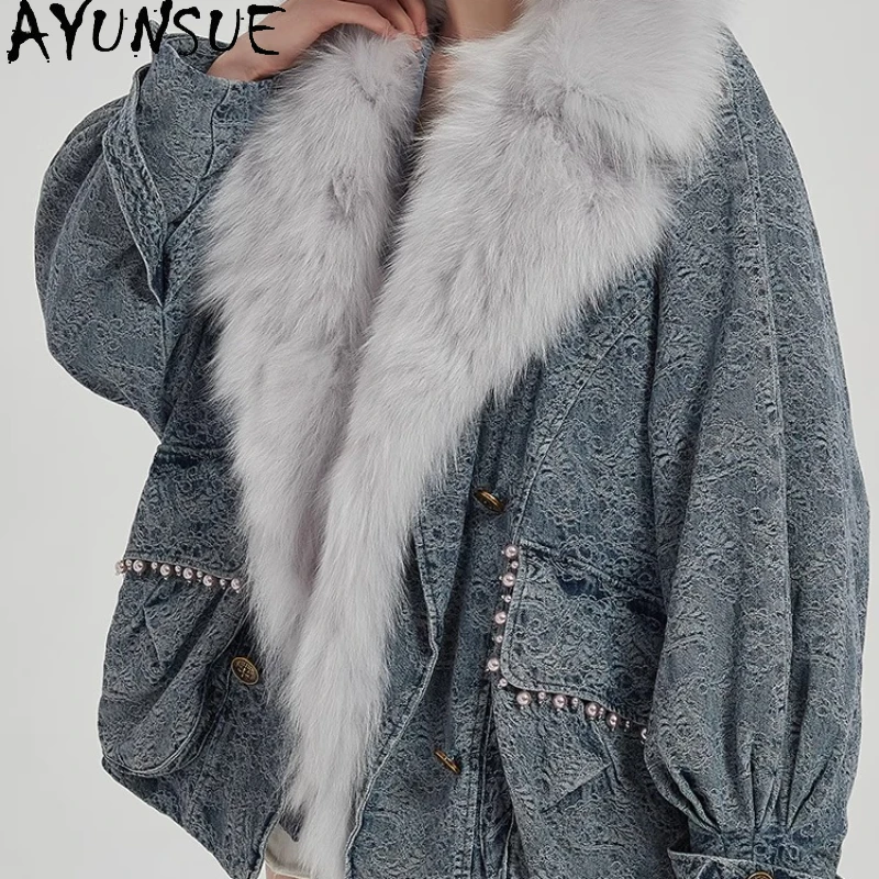 

AYUNSUE парка из натурального меха, женская парка с подкладкой кролика рекс, съемные женские пальто, теплая зимняя одежда, воротник из лисьего меха Шуба Женская