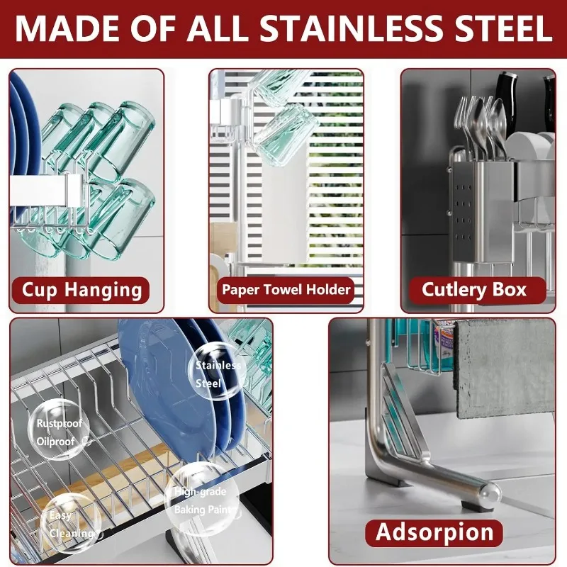 2 Tier Full Stainless Steel Storage Adjustable Length (25.98'' to 36.61'') Kitchen  Over Sink Dish Drainer Drying Rack,