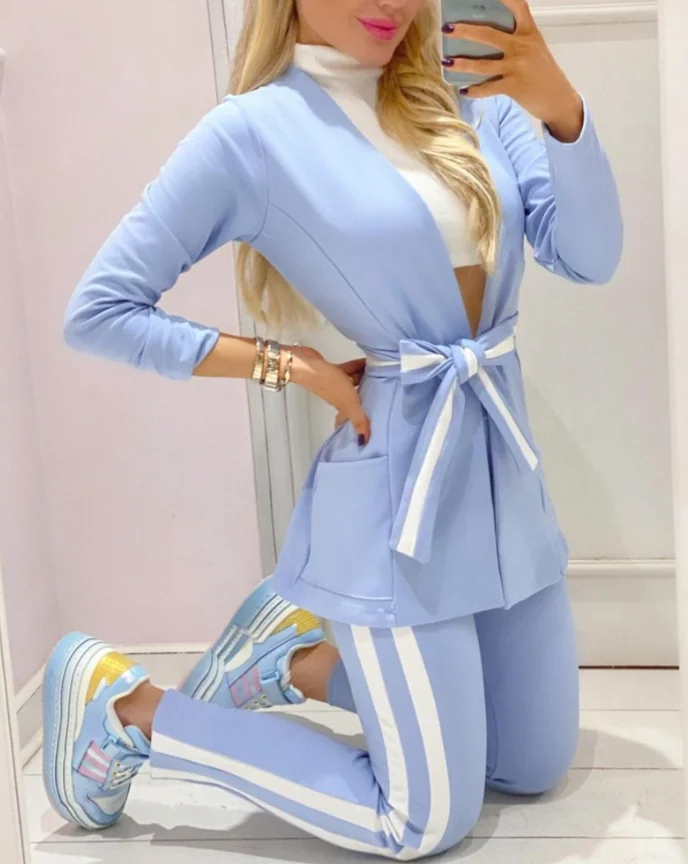 2 Piece Stripe Print V-Neck Long Sleeve Tied Detail Coat Skinny Active Pants Sporty Pants Set