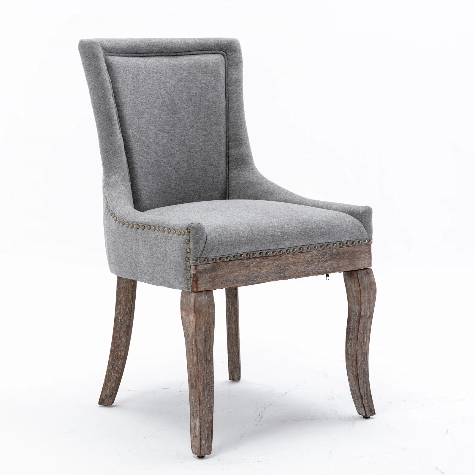 Ultra Side Dining Chair Thickened fabric chairs with neutrally toned solid wood legs， Bronze nail head，Set of 2，Gray