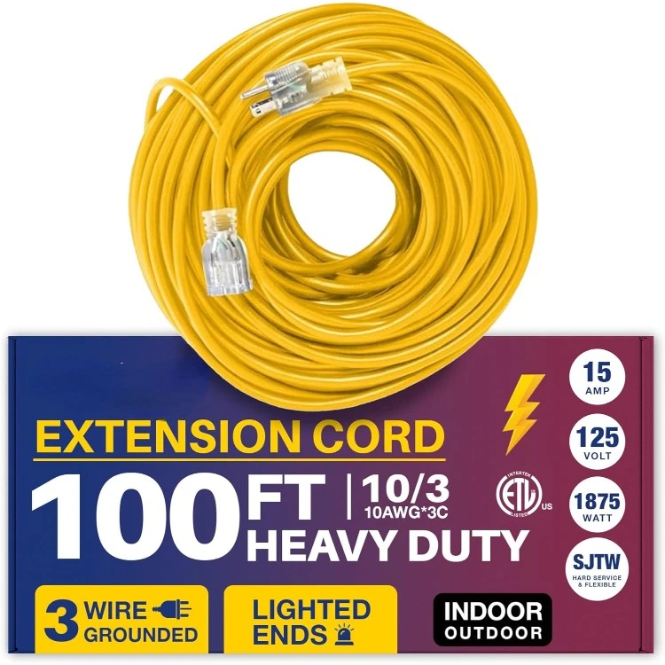 100ft Power Outdoor Extension Cord & Indoor - Waterproof Electric Drop Cord Cable - 3 Prong SJTW, 10 Gauge, 15 AMP, 125 Volts