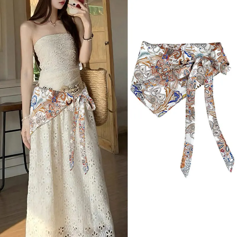 Bufanda triangular de flor de anacardo, ropa apilada para mujer, accesorios de alta gama, bufanda de seda de estilo étnico, cinturón, sello de cintura.