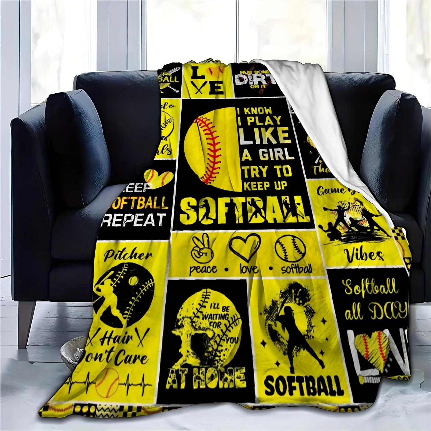 Softball Fleece Blanket, I Play Like A Girl Try To Keep Up, Eat Sleep Softball Repeat, Peace Love Softball Bedding Throw Gift