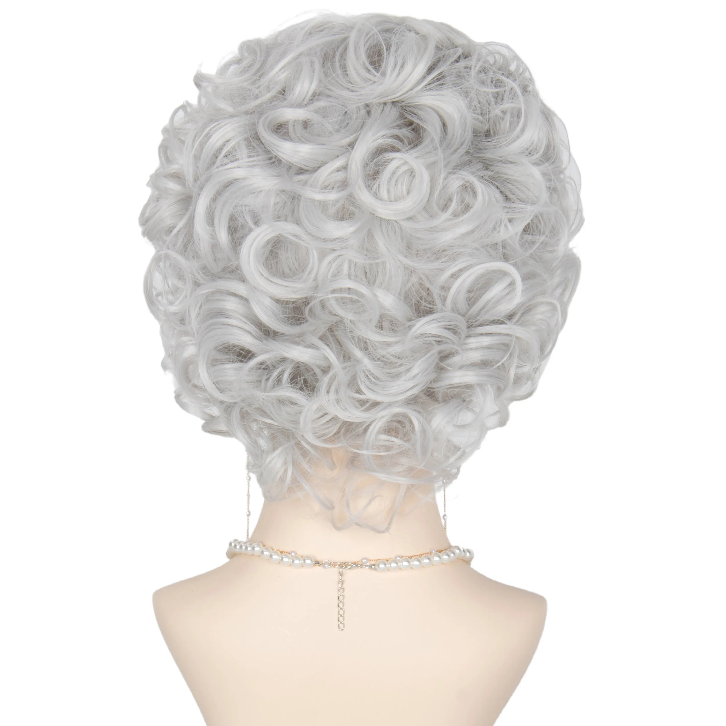 Miss U Wig pendek perak keriting nenek Wig wanita tua Set 5 buah Wig Cosplay pesta Halloween