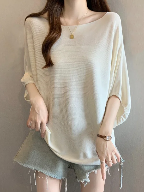 Thin Ice Silk Short Sleeve T-Shirt Women's Spring Summer New Large Size Fat MM Arm Covering Batwing Sleeve Top
