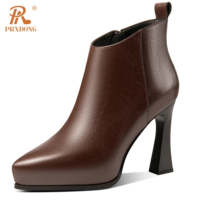 

PRXDONG Genuine Leather Shoes Ankle Boots For Women High heels Pointed Toe Black Brown Dress Party Office Lady Shoes Size 34-39