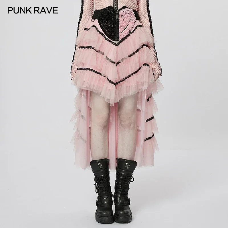 PUNK RAVE Women's Cute Cool Girl Skirt Light Multi-layer Fine Mesh Splicing Lace Peach Embroidered Long Skirts Women 2 Colors