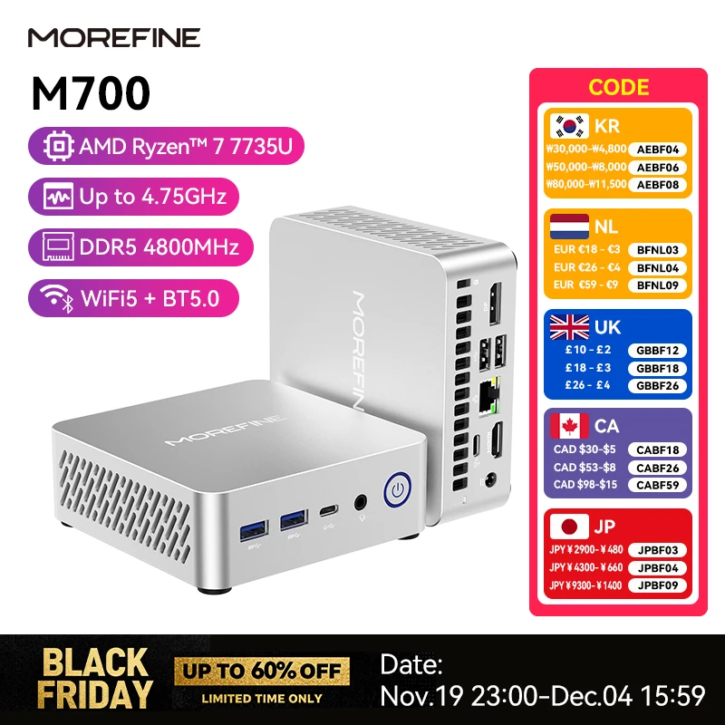 MOREFINE Mini PC M700 AMD Ryzen R7-7735U WIN11PRO Desktop Computer Dual Channel DDR5 RAM M.2 PCIE4.0 SSD WiFi6 BT5.0 Laptop Game
