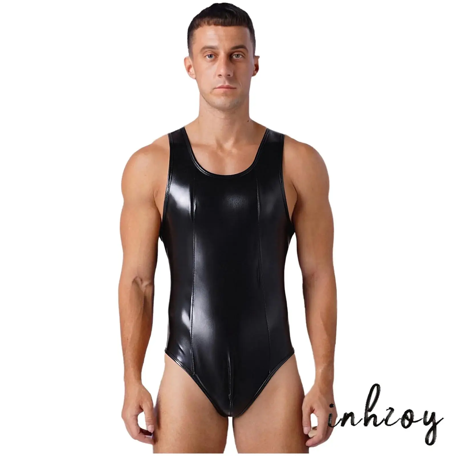 

Mens Glossy Patchwork Bodysuit Sleeveless Bulge Pouch Back Zipper One-piece Leotard Jumpsuit for Nightclub Yoga Raves Beachwear