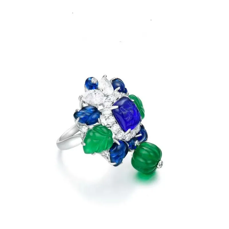 ZOCA Unique Engraved Blue And Emerald Color Gemstone Top Brand Luxury 925 Sterling Silver Ring for Women Woman Rings