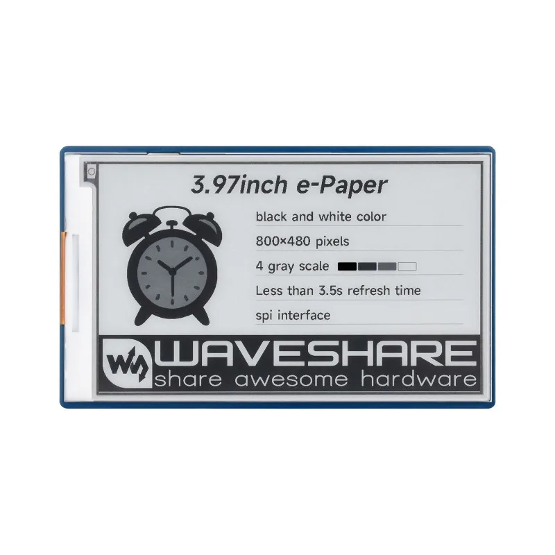 SKU-31063 Waveshare 3.97inch E-Paper Display, E-Ink Display, 800 × 480 Pixels, Black/White, 4 Grey Scales, SPI Interface, Standa