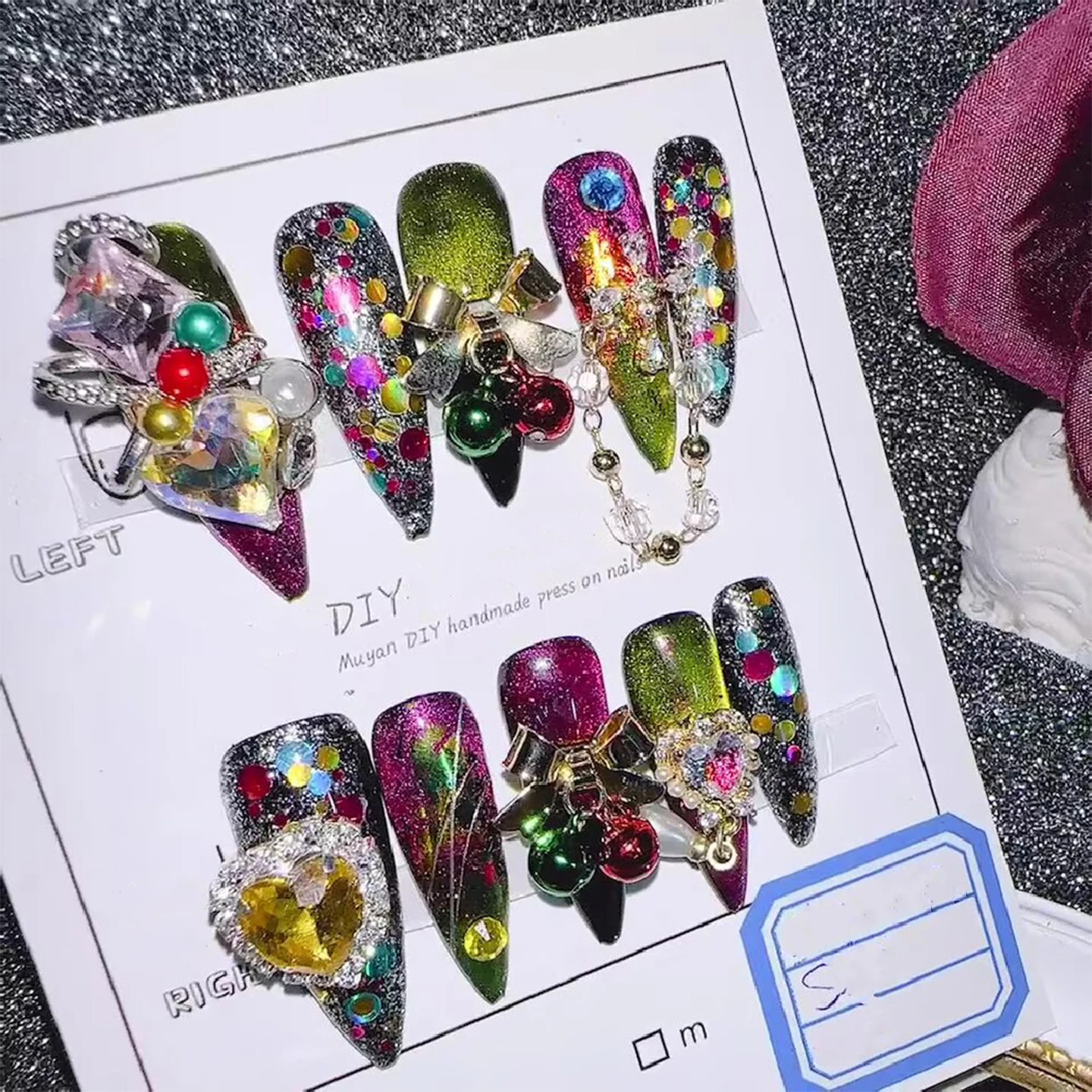 Luxury Press On Nails Black Purple Green Acrylic Nails with 3D Decor for Party Festival Events Glamorous Nail Art Stickers