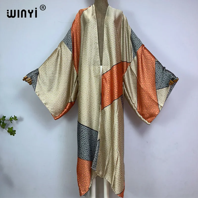 WINYI Africa Classic pattern print sweet lady beach Bohemian long Cardigan Cover-up stitch Casual Boho Maxi Holiday party kimono